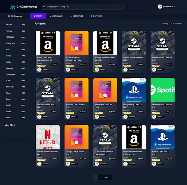 Gift cards market dark mode